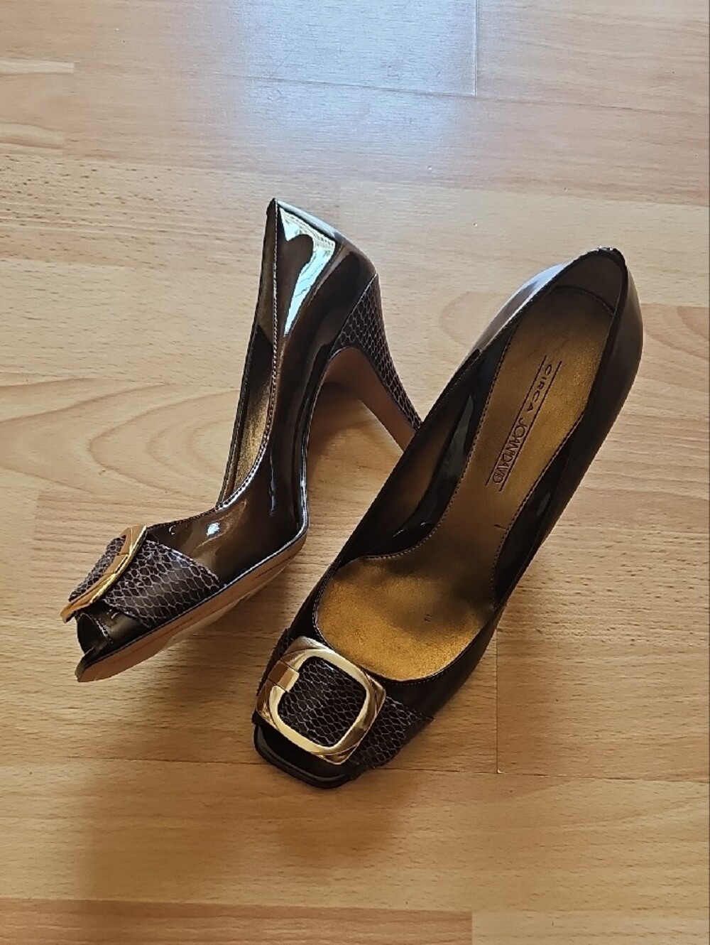 Bandolino Brown Patent Peep-Toe Heels with Buckle Detail